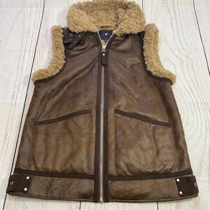 7 For All Mankind Brown Faux Leather Vest with Shearling Trim XS